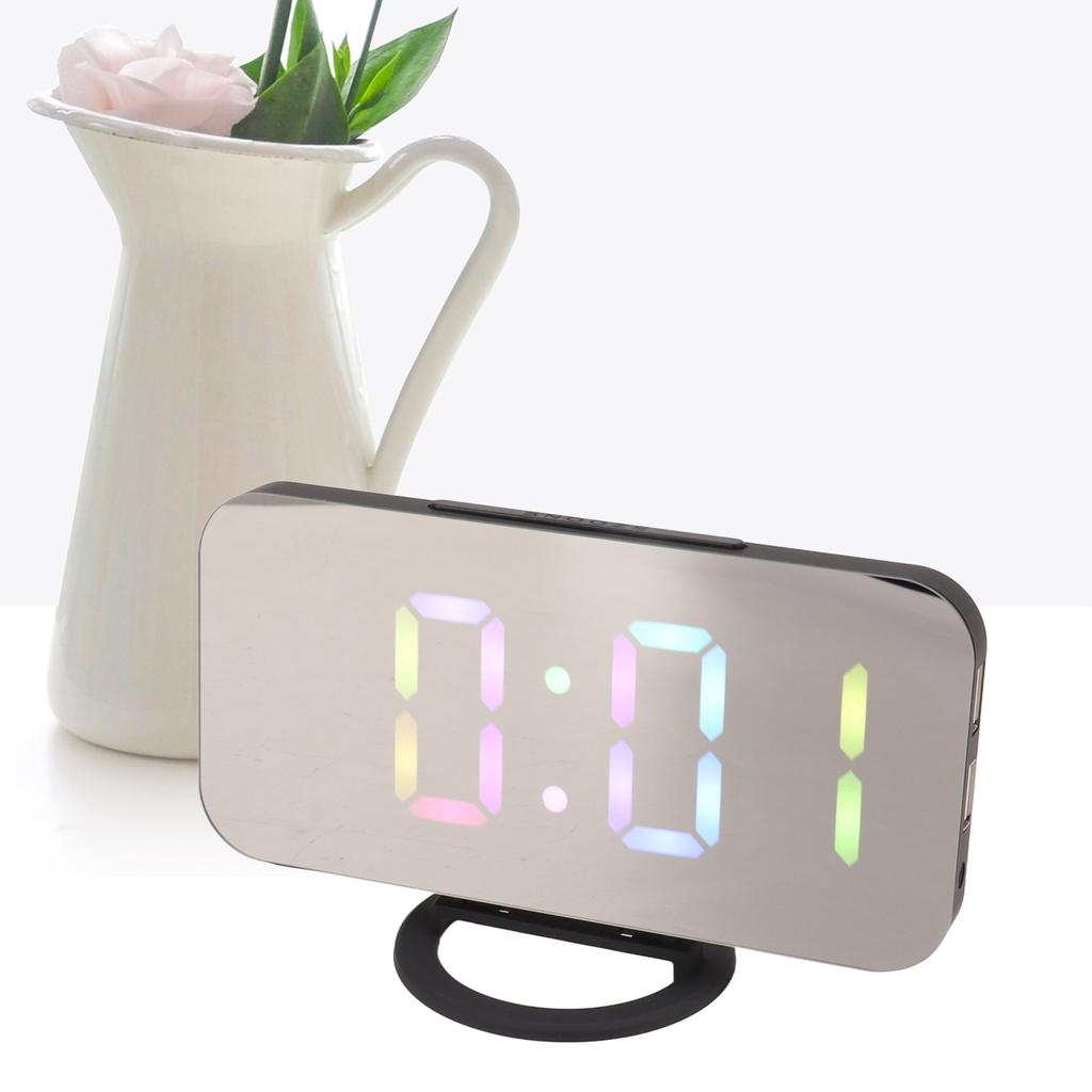 LED Mirror Digital Alarm Clock Large Brightness Colorful RGB Display Beside Digital Clock with Dual USB Ports