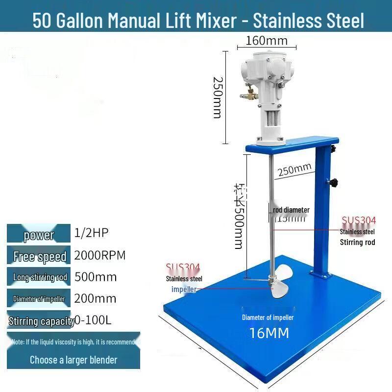 Yundu 50 Gallon Manual Lift Stainless Steel Pneumatic Industrial Mixer