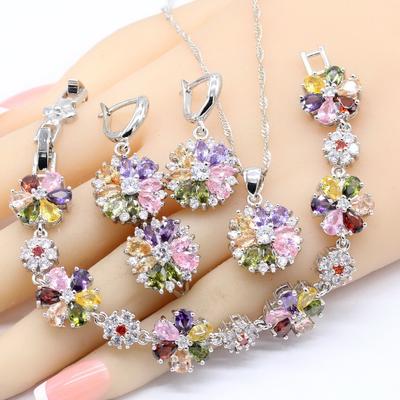 Mehrfarbiges Armband in Blumenform Ohrringe Halskette Anhänger Ringe Farbe Farbe Schmucksets für Frauen