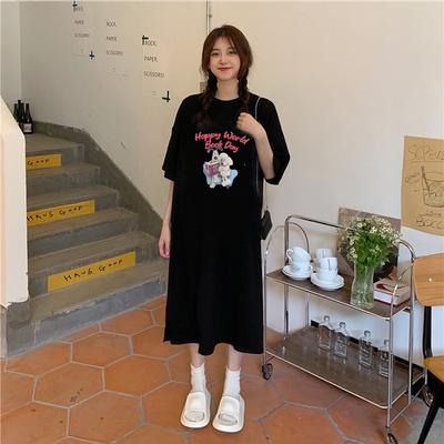Loose-fitting Large-sized Women's Round-neck Short-sleeved T-shirt Dress, Long Laid-back Style Dress, Knee-length Sleeping Dress