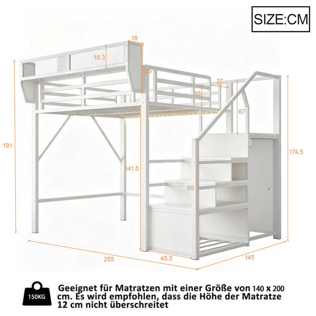 Loft Bed 140x200 with LED Light Strip, Safety Ladder and Flexible Storage Metal Bed Adult Bed Children's Bunk Bed White