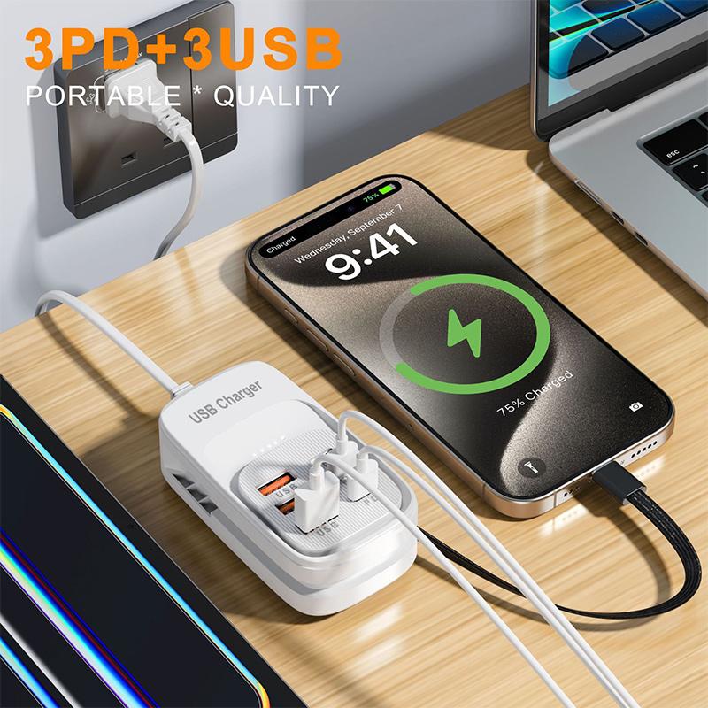 6 in 1 Fast USB Charger Power Strip Desktop Charging Station 1PD 1USB EU US Plug USB HUB Adapter Socket for Mobile Phones Charge