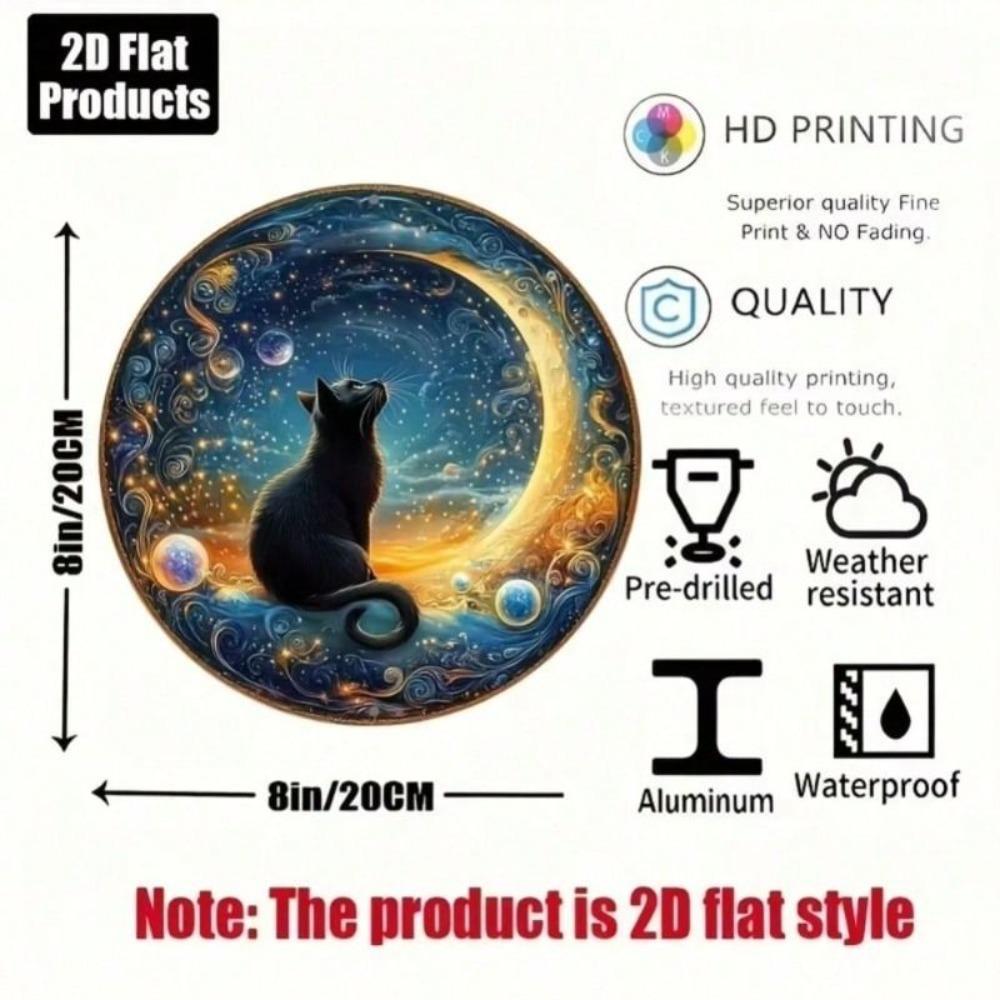 Funny Night Sky Cat Moon Metal Poster, Vintage Round Aluminum 20cm for Living Room Wall Art