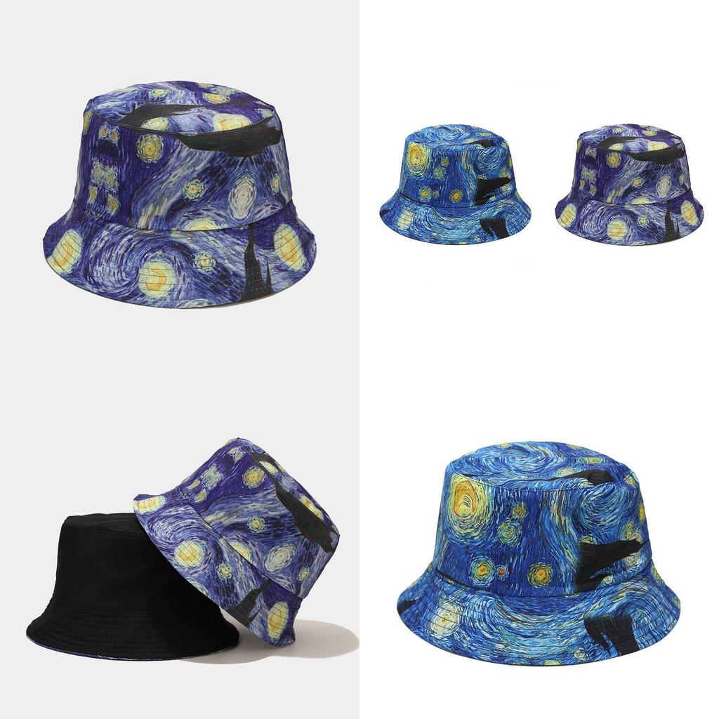 Sun Protection Fisherman Hat With Starry Night Oil Print Design For Outdoor Sunshade In Summer And Spring