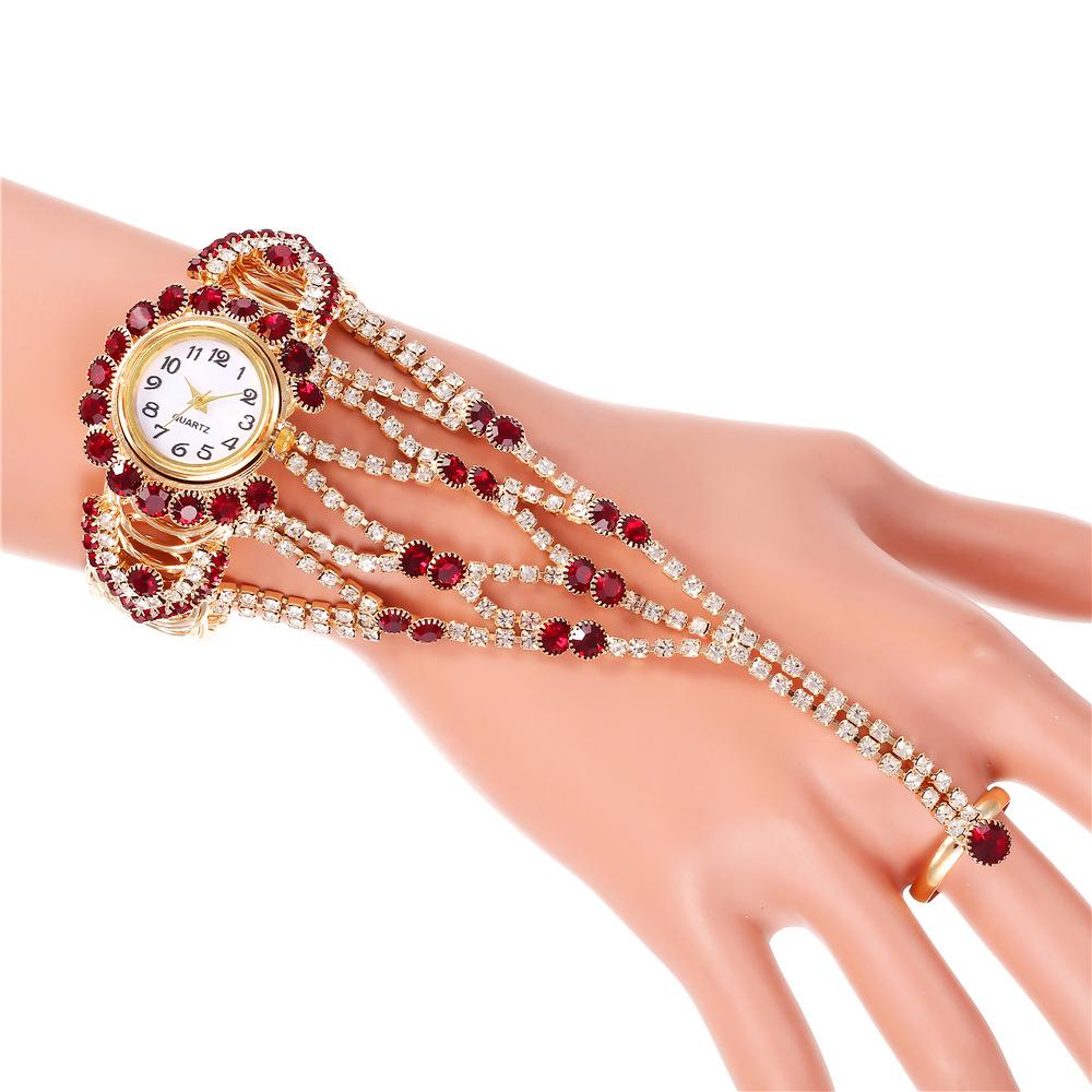 Ladies Quartz Wristwatch with Finger Ring Women  Bracelet Vintage Bangle Rhinestone Watch