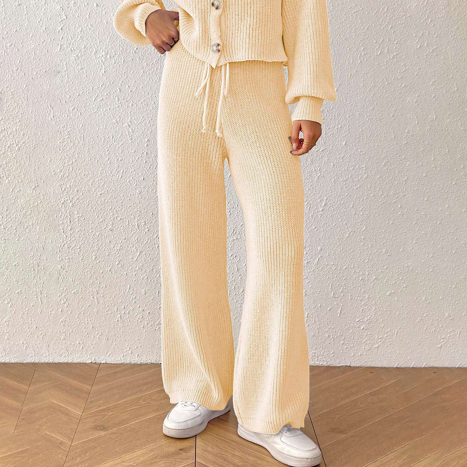 

Women s Comfortable And Warm Wool Pants With Drawstring And Tie Waist, Sweater Pants, Long Pants, Straight-leg Pants, And Wide-leg Pants. S бежевый