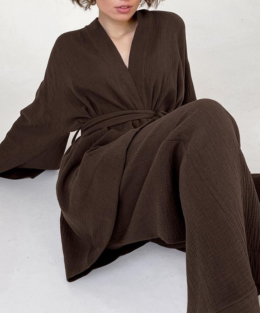 Aimoha Double Gauze Top and Bottom Long Sleeve Comfortable for Double Gauze Women's Pajamas, 100% Cotton, Set, Bathrobe, Loungewear, Dress, Nightgown,