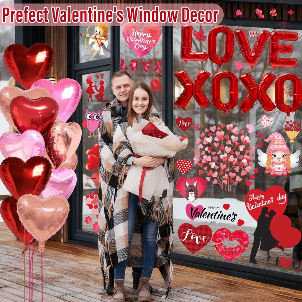 WOHOHOHO 181Pcs Valentines Day Window Clings Decorations, 10 Sheets Valentine's Day Window Stickers, LOVE & XOXO Banner, 12Pcs Heart-Shaped Balloons.