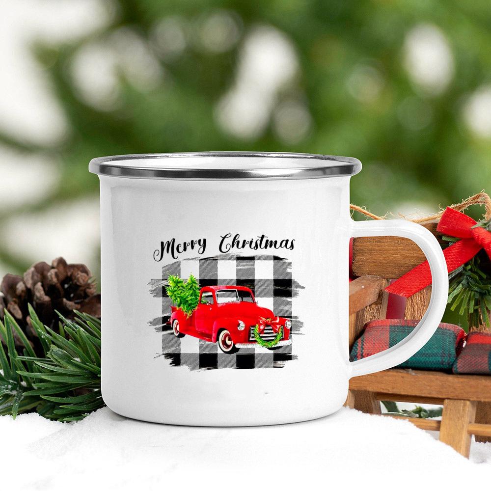 Truck Christmas Tree Printed Coffee Mugs Enamel White Drink Mug Handle Beer Cups Party Table Decoration Gifts for Family Friends