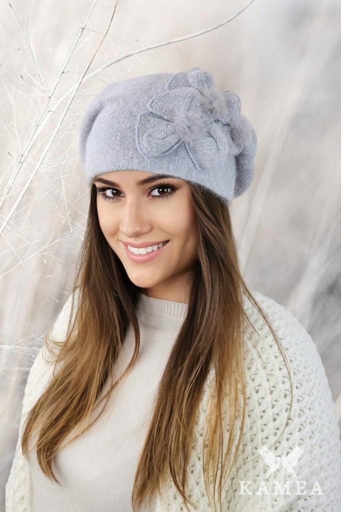 Cindy Angora Beret with Mink Trim Flowers, Gray