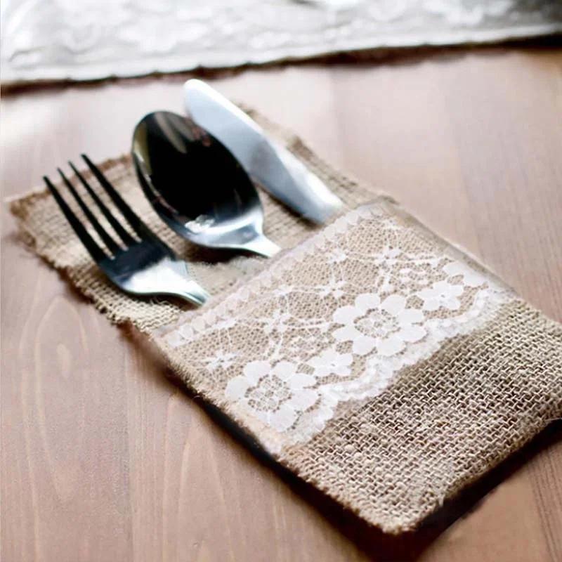 5 Pcs Burlap Lace Cutlery Pouch Wedding Tableware Party Decoration Holder Bag Hessian Rustic Jute 11cm X 21cm
