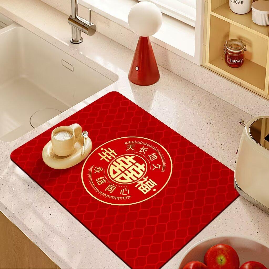 Wedding Drain Mat Red Festive Absorbent Soiled Mat Wash Table Technology Velvet Absorbent Coaster Bowl Mat