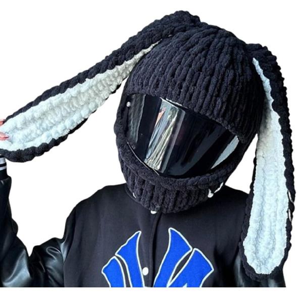 Rabbit Ear Cute Full Face Motorcycle Helmet Cover Cartoon Plush Fluffy Funny Protection Decoration Cap for Fun Ride and Gift