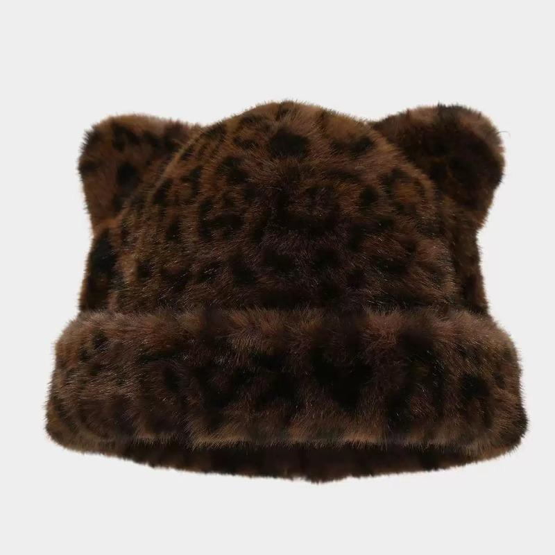 Chapeau bonnet en peluche imprimé léopard pour femmes, doux et mignon, épais et chaud, rétro et polyvalent, avec capuche. black