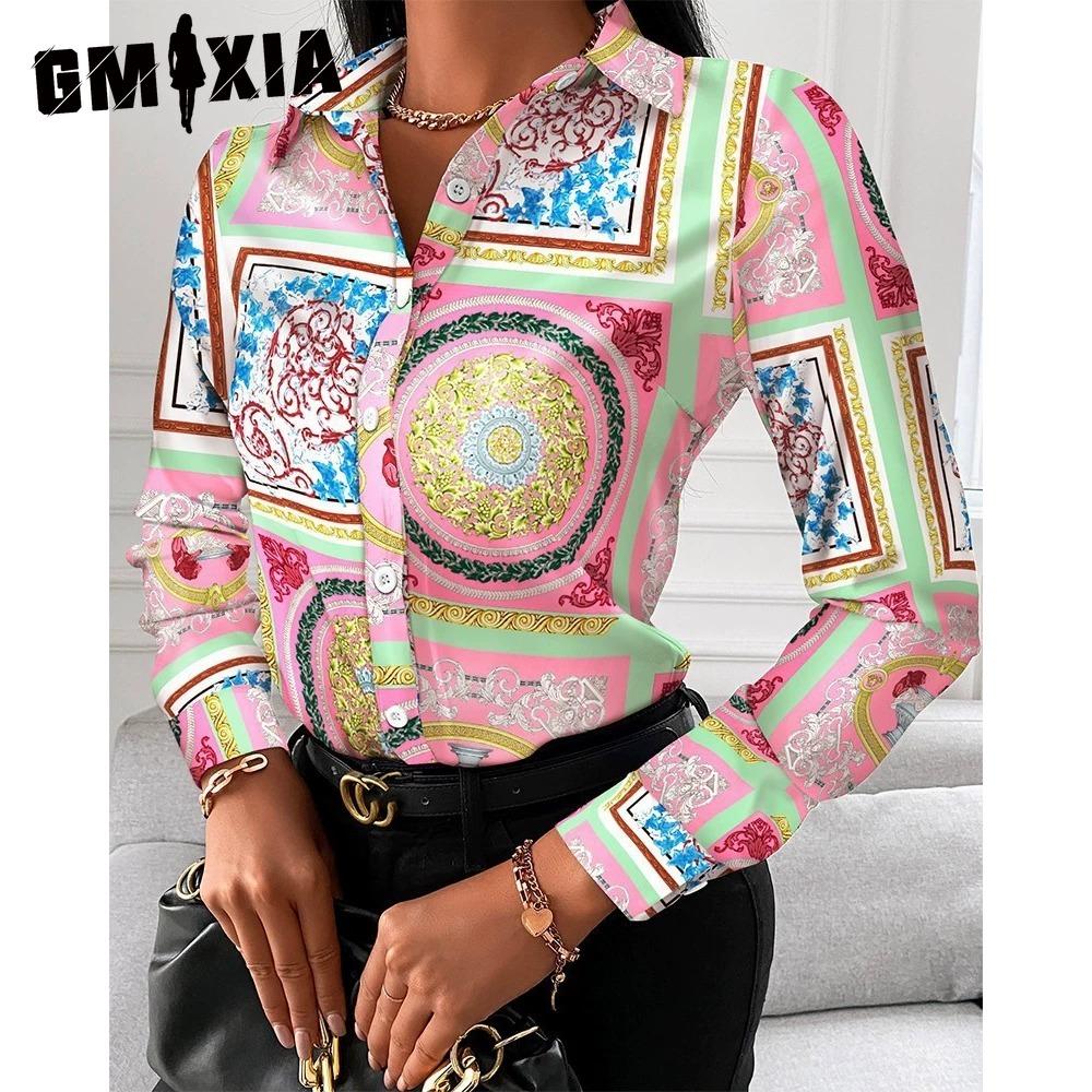 GMXIA Women's Fashion Casual Solid Color Print Long Sleeve POLO Neck Blouses & Shirts