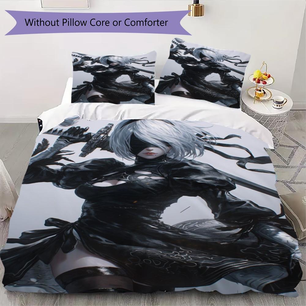 NieR Automata Pattern Bedding Uilt Set Uilt Cover Pillowcase Home Decoration Birthday Gift (1 * Duvet Cover + 2 * Pillowcase Without Core)