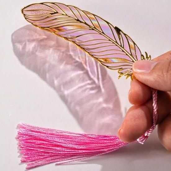 Metal Feather Bookmark with Tassel Stainless Steel Page Marker with Rainbow Light Effect Elegant Gift for Book Lovers Writers Students