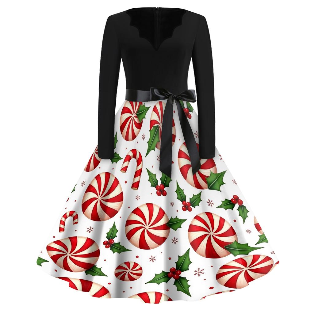 Women's Casual V-Neck Christmas Dress with Snowflake and Tree Print, Retro Vintage Party Dress