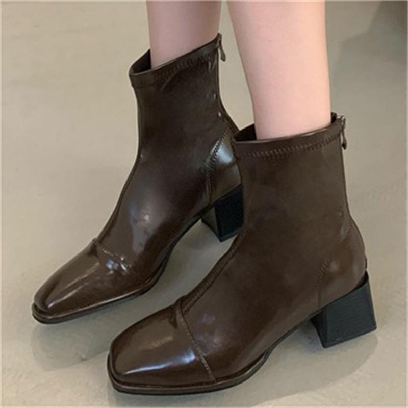 Fashion Eilyken High Quality PU Leather Round Toe Zipper Women Ankle Boots Fashion Square Low Heels Party Dress Shoes