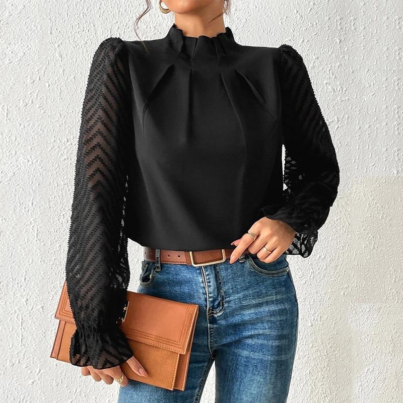 Women S Half High Neck Wavy Chiffon Long Sleeve Loose Blouse