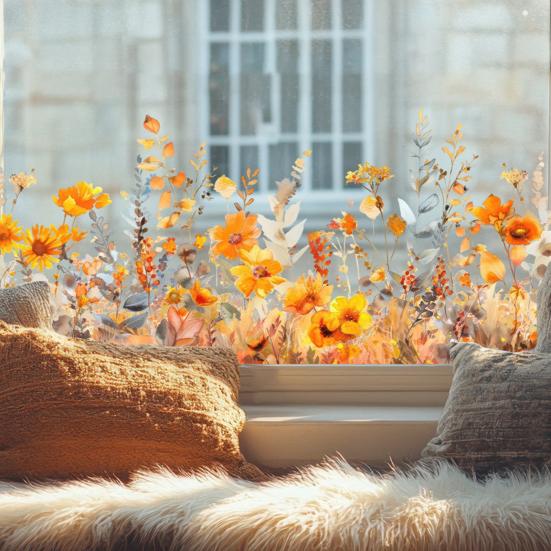 Colorful Floral Window Sticker Removable Flower Window Clings Waterproof Static Window Decal for Home Office Bedroom Bathroom Decor