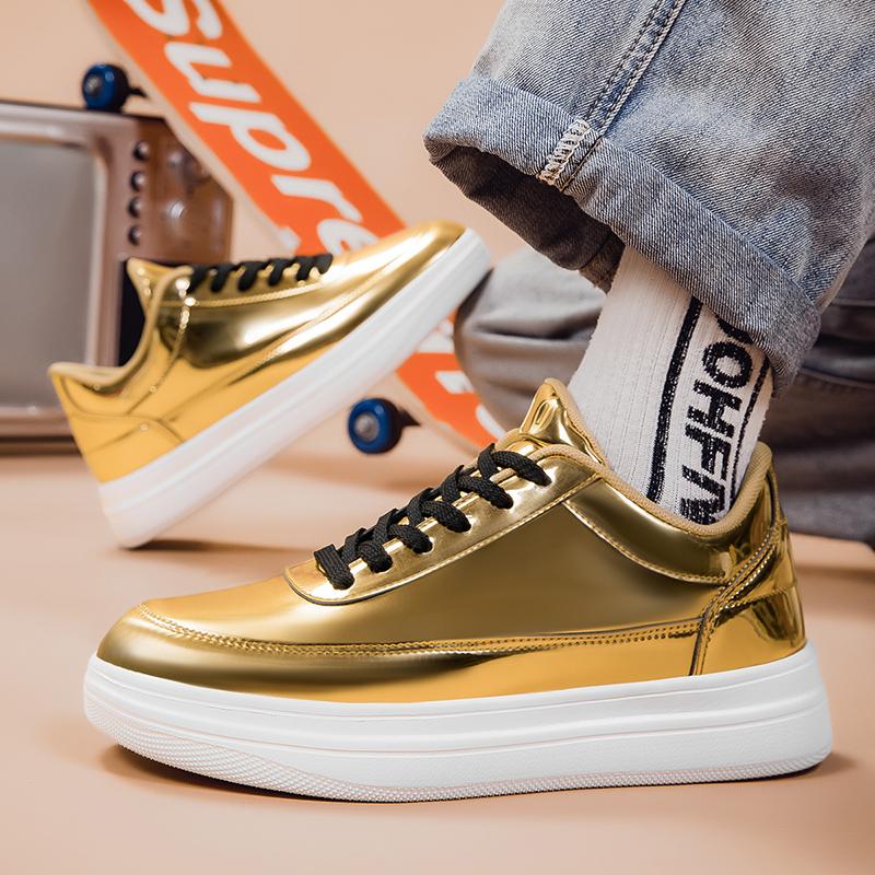 Fashion Men Shoes Lacquer Leather with Shiny Surface and Thick Base Fashion Casual Sport Lamp Party Golden Black Boots Flats Sneaker