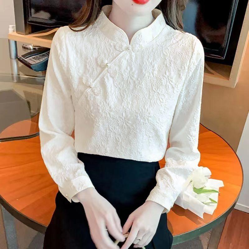 Retro Buttoned Long-sleeved Shirt for Women Spring New Style New Chinese Style Inner Bottoming Shirt Fashionable Temperament Top