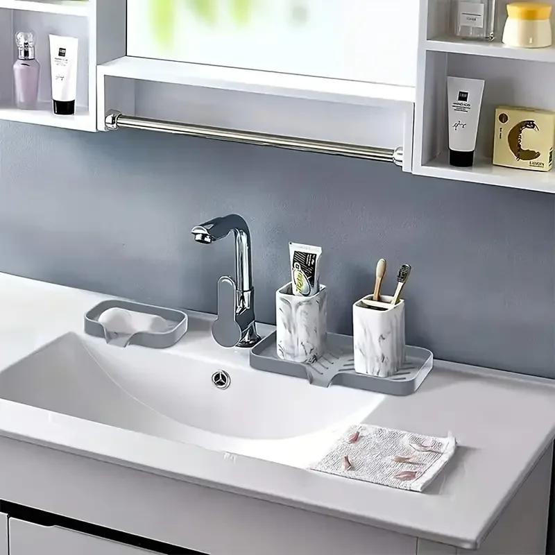 45° Silicone Faucet Mat Kitchen Sink Tray Soap Dispenser Sponge Drain Pad Sink SplashDrying Mat Countertop Storage Tray SoapTray