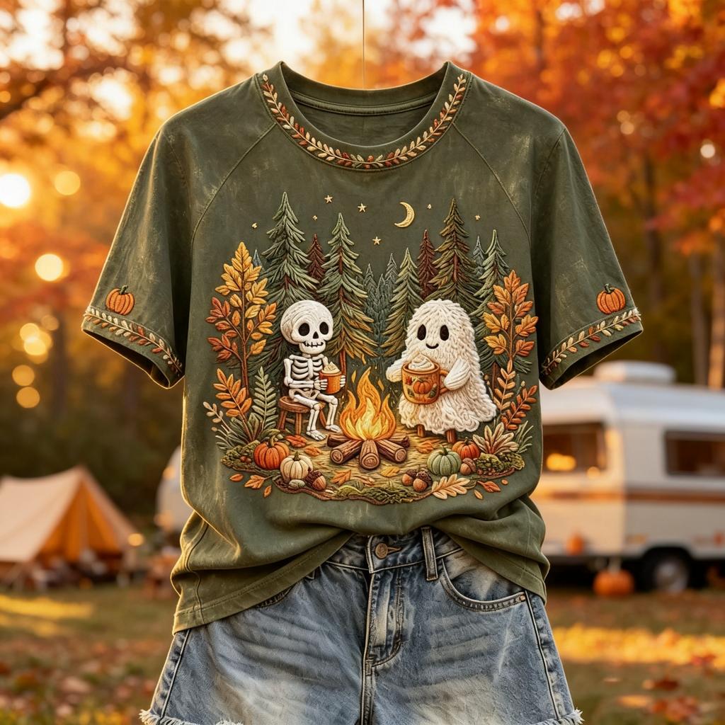 Women's Casual Halloween Print V-Neck Short Sleeve T-Shirt Top for Fall and Daily Wear