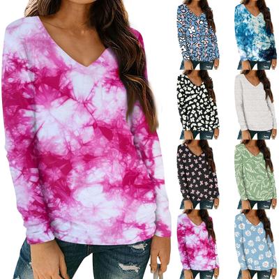 Kadın Modası Günlük Uzun Kollu Çiçek Baskılı V Yaka Cepli Üst