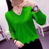 Damen V-Ausschnitt Strickpullover Grün Herbst Schlanker Pullover Langarm Freizeit Oberteile