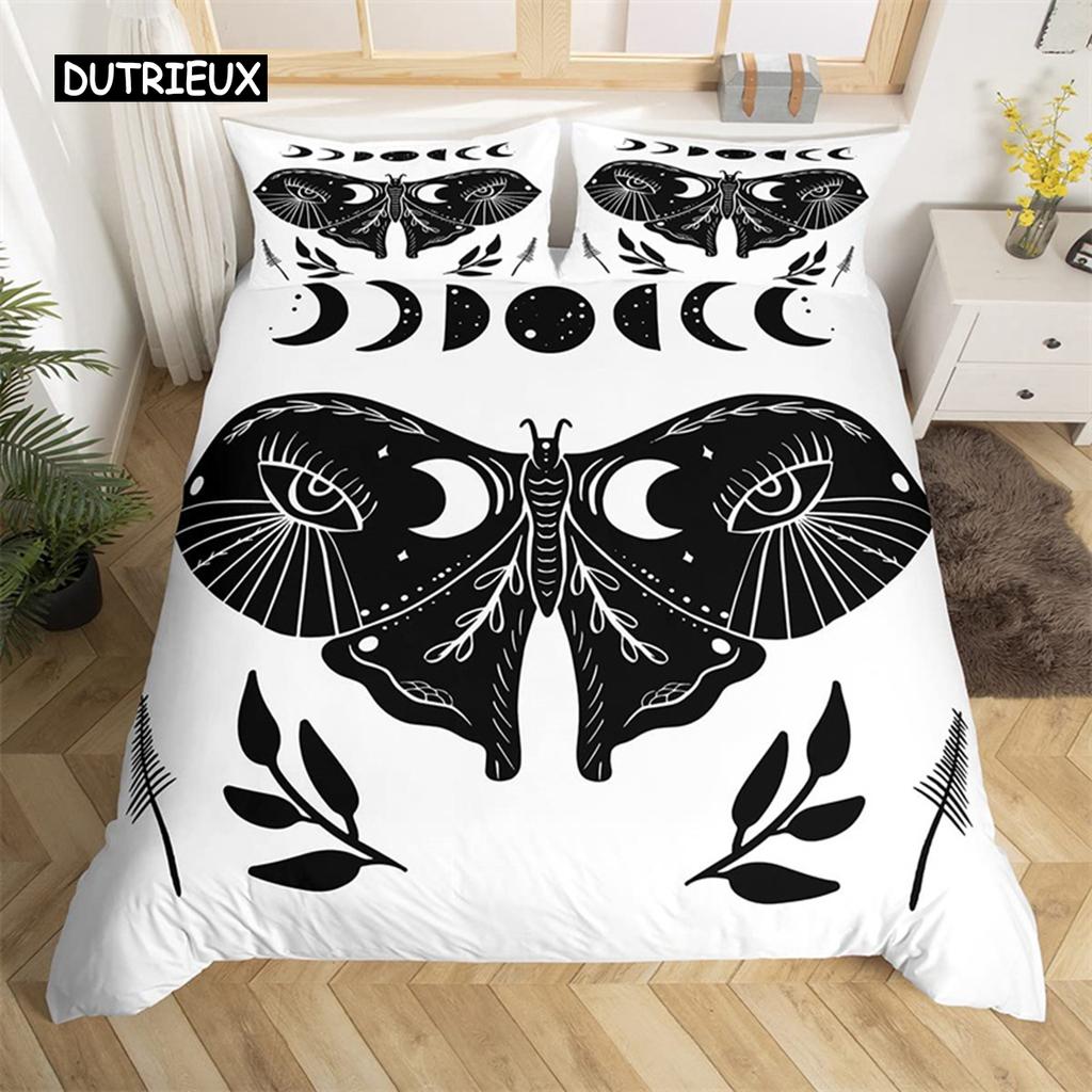 Death Moth Duvet Cover Set Queen Size Gothic Skull Boho Comforter Cover Black and White Skeleton Decorative Soft Bedding Set