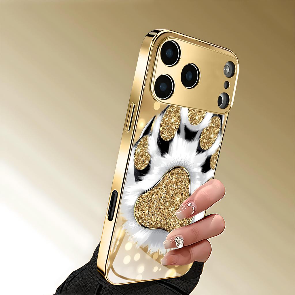 Premium galwanizowana szklana obudowa na telefon dla iPhone 17  16  15  14  13  12  11pm Pro Plus. Wysokiej jakości złoty odcisk łapy zwierzęcia.