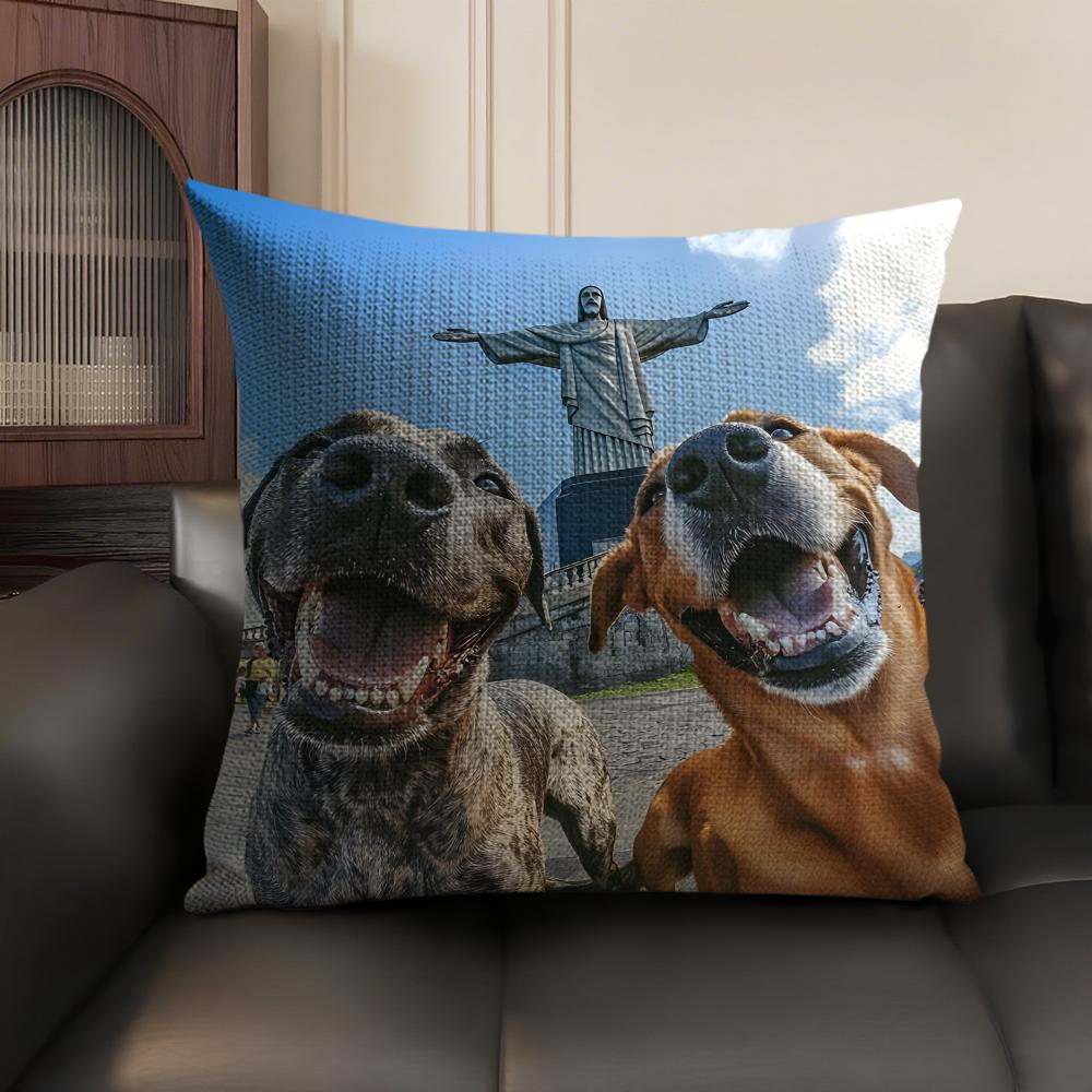 Funny Dog Cushion Cover Natural Linen Organic Fabric Double-Sided Printing Sofa Home Decor Gift Pillow Case