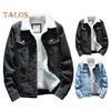 Men Jacket Lapel Long Sleeve Denim Fabric Coat with Flap Pockets Thickened Velvet Lining Warm Button Closure Denim Outerwear