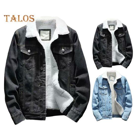Men Jacket Lapel Long Sleeve Denim Fabric Coat with Flap Pockets Thickened Velvet Lining Warm Button Closure Denim Outerwear