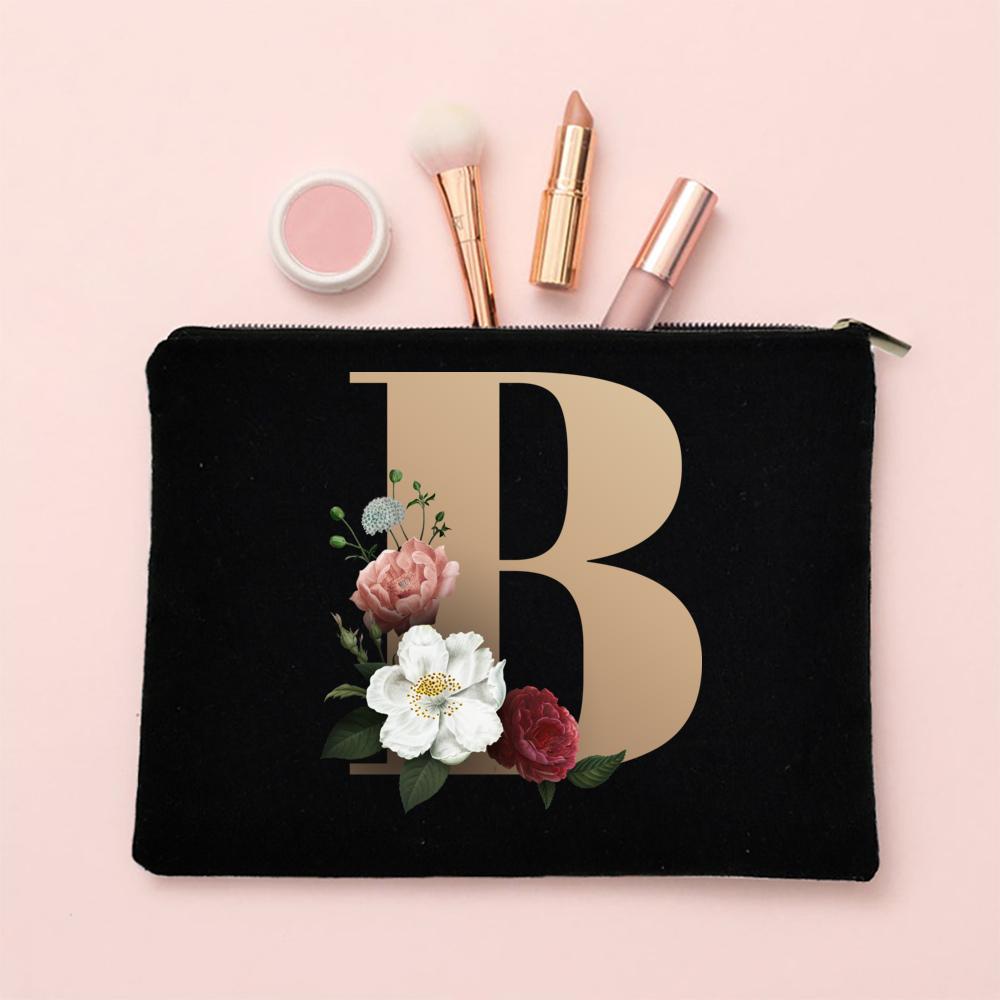 Alphabet Floral Makeup Bag Bridesmaid Maid of Honor Holiday Wedding Bachelorette Party Gift Canvas Cosmetic Zipper Storage Pouch