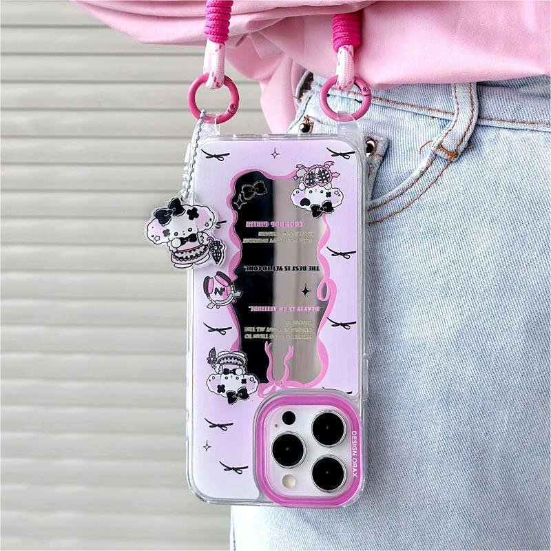 Zhitai iPhone Shell: Compatible with iPhone 12, 13, 14, 15 Pro Max; Lanyard Mirror Case with Cartoon Design