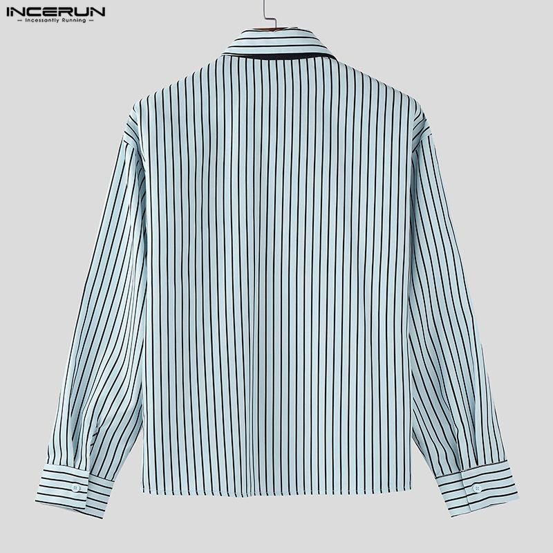INCERUN Oversized College Style Men Turn-down Collar Tie Long Sleeve Striped Casual Shirts
