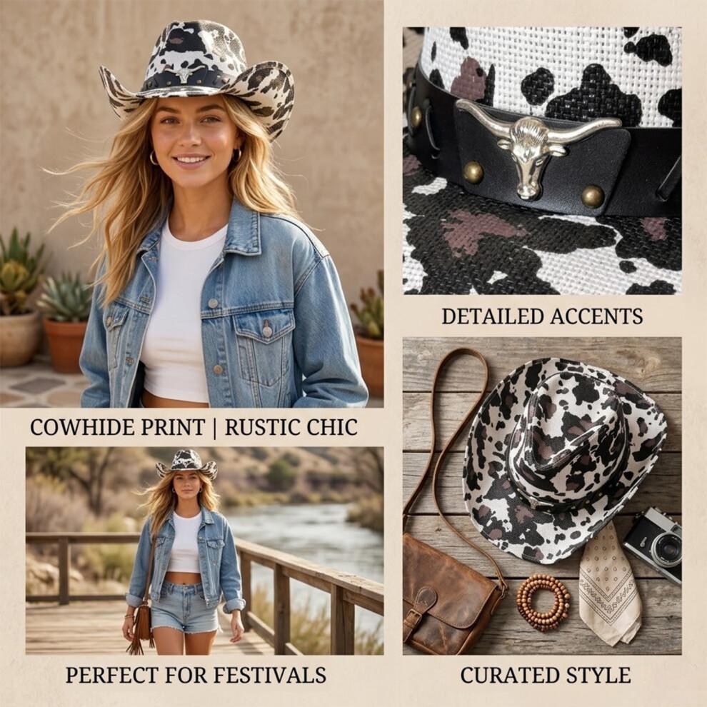(M, Black) Straw Sun Hat Retro Tie-Dye Cow Spots Print Wide Brim Western Cowgirl Hat
