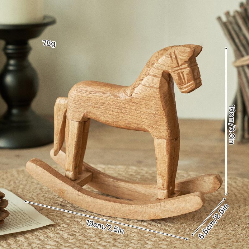 Nordic-Style Rocking Horse Wooden Horse Desktop Ornament Home Decor Pine Rocking Horse Craft Horse-to-Success Figurine