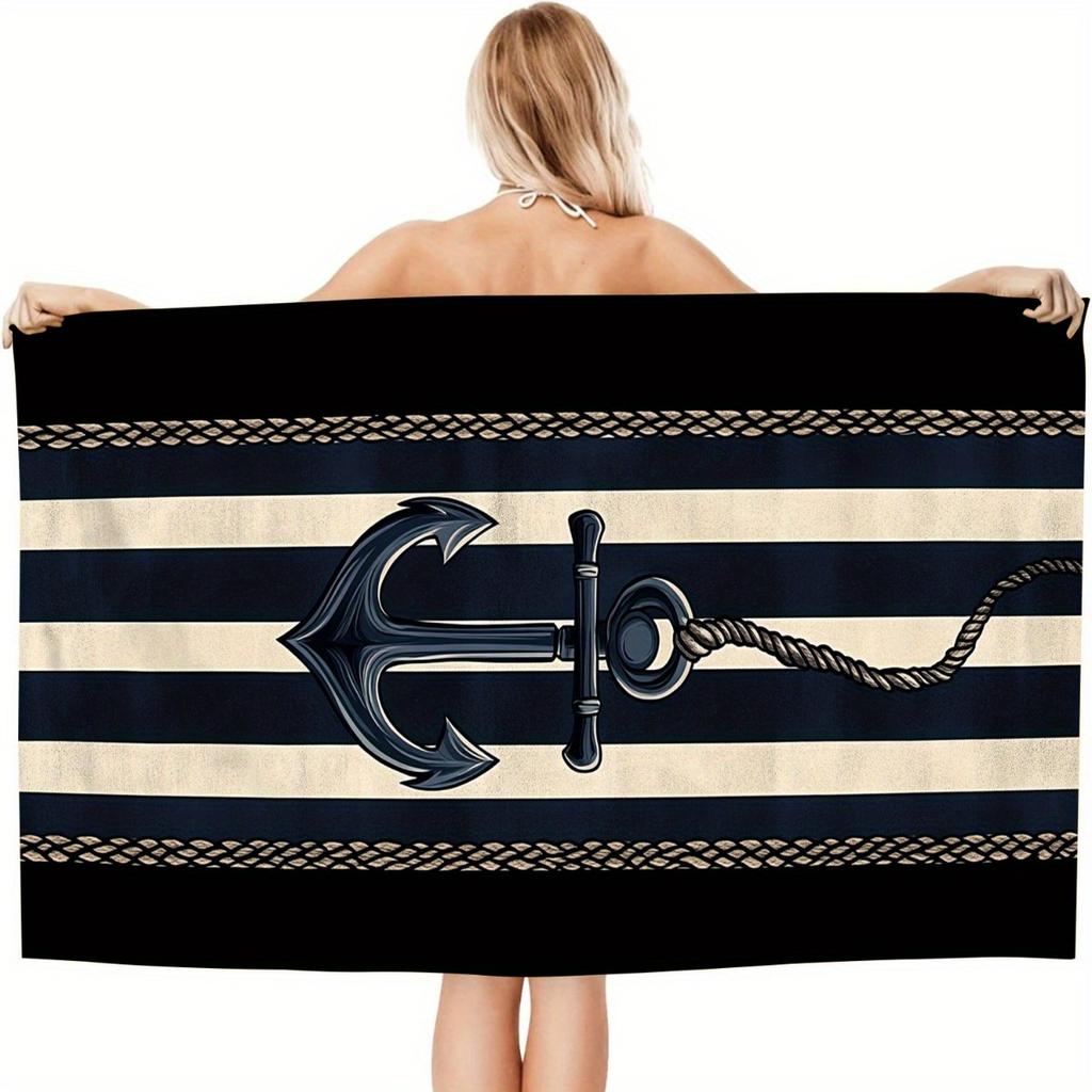 Vintage Nautischer Anker Gestreiftes Strandtuch Schnelltrocknend Sandfrei Übergroßes Badetuch für Pool Reisen Sommerurlaub