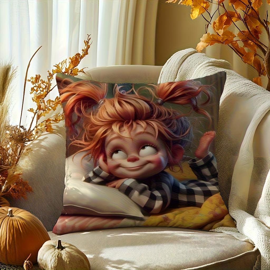 2D Flat- Cute Cartoon Pippi Longstocking Style Girl Throw Pillow Cover Cozy Home Decor Cushion Case for Bedroom Living Room Sofa