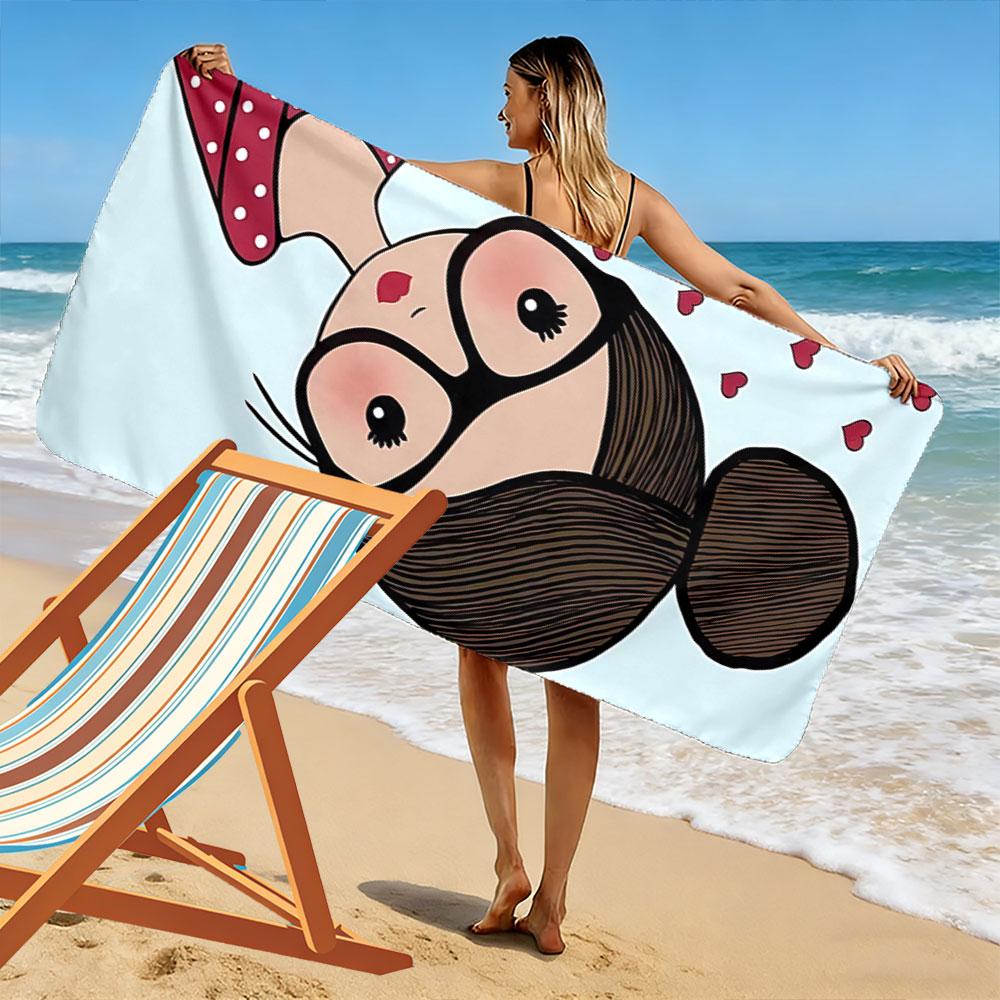 Cute Cartoon Girl with Hearts Beach Towel Quick-drying for Travel Outdoor Sports Jogging Beach and Swimming