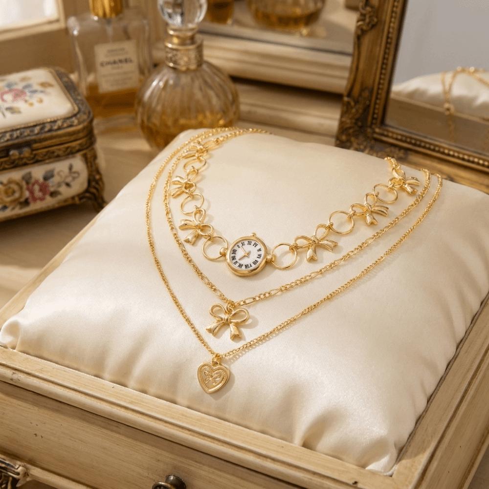 3PCS/SET Gold Color Necklace Set Metal Pendant Necklace Trendy Heart Bowknot Choker  Wedding