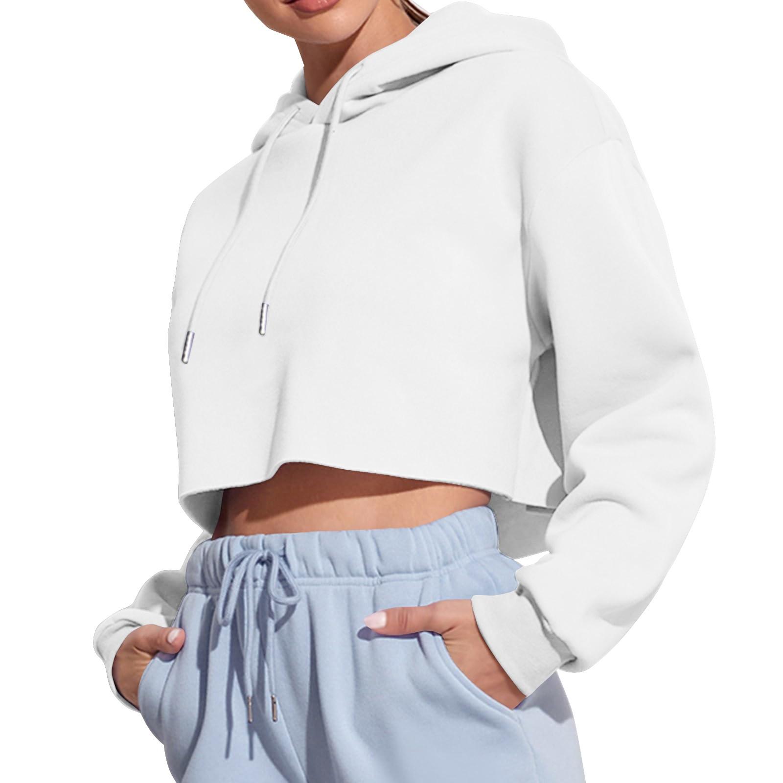 

Женская толстовка с капюшоном и пуловером, однотонная короткая модная толстовка с длинным рукавом S белый