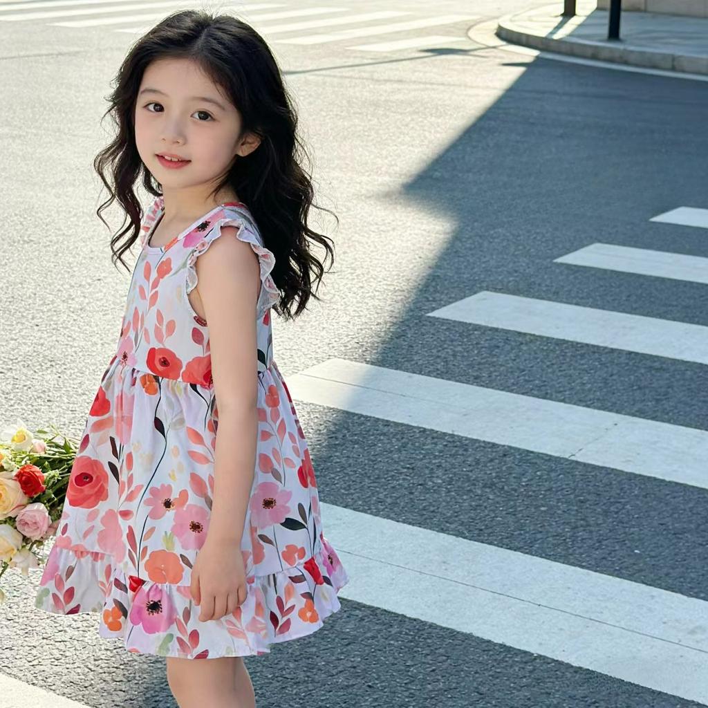 Children's Cotton Silk Skirt Summer Thin Girls Floral Flying Sleeve Dress Lady Treasure Princess Western Style