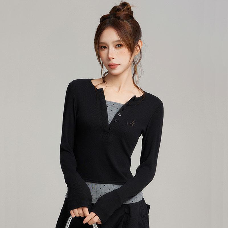 Autumn Pure Desire Style Spicy Girl Pure Cotton Short Sleeved T-shirt for Women Slim Fit Slimming Design Fake Two-piece Top T-Shirts Women’s