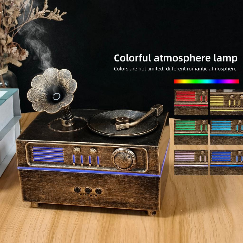 Retro Gramophone Aromatherapy Spray Humidifier With Colorful Ambient Lighting White Noise Essemtial Oil Diffuser Home Fragrance