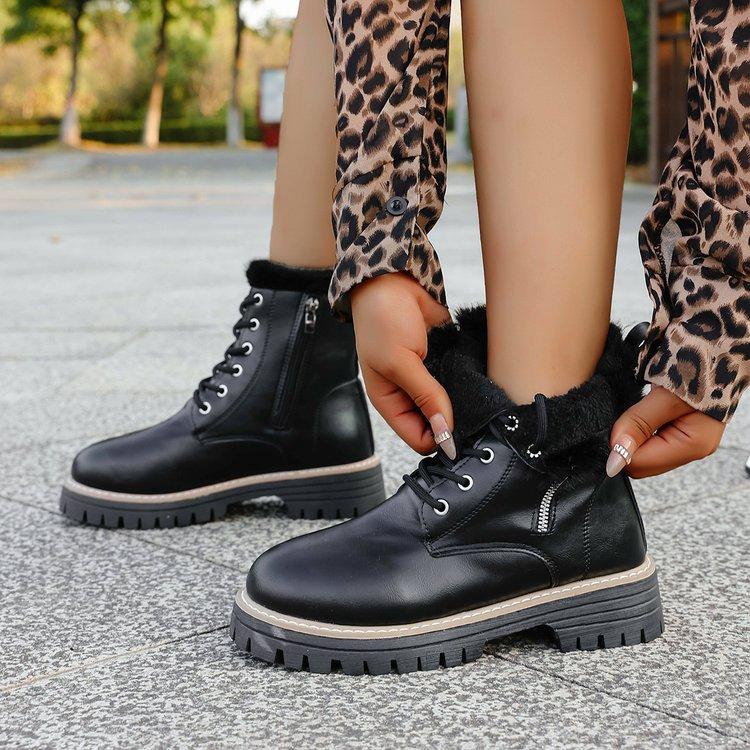British Style Women's Large Size Padded Thickened Winter Warm Fur One Snow Boots Padded Lining Ankle Boots Non-slip Hiking Sports Martin Boots